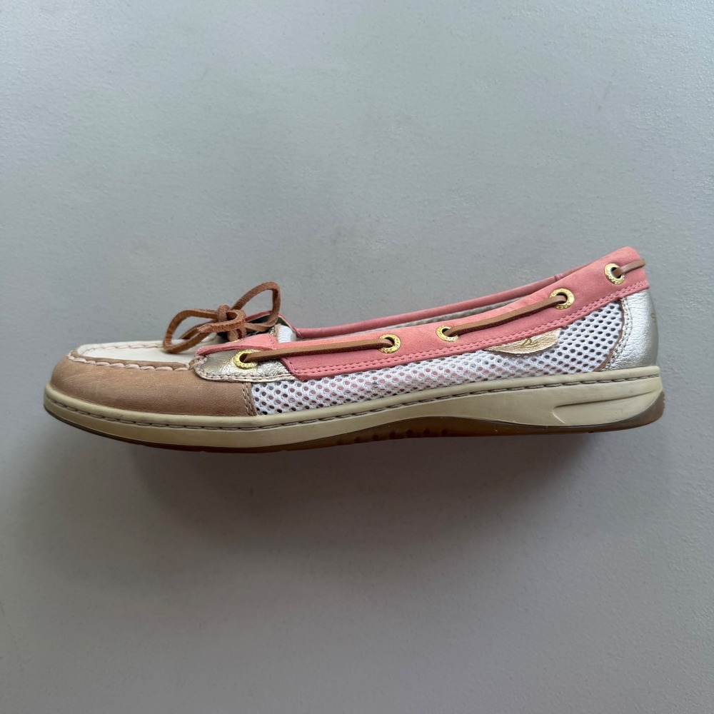 Sperry TopSider Women 9.5 Pink Tan Gold Leather Mesh Angelfish Boat Shoes Preppy - Picture 10 of 15